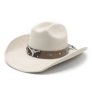 Classic cream wide brim western cowboy hat with bull head buckle and turquoise band