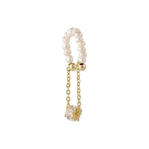 Elegant gold tassel ear cuff featuring white freshwater pearls and crystal pendants