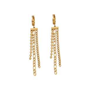 Elegant gold long tassel drop earrings with multi-layer chains on a white background