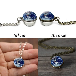 Detailed views of double-sided glass globe pendants in silver and bronze finishes