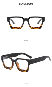 Detail view of square black and tortoise frame sunglasses from front and side angles