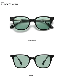 Front and top view of retro black sunglasses with green lenses and sleek temple details