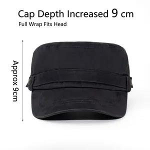 Black washed cotton cadet cap with 9cm deep flat top and vintage metal buckle detail