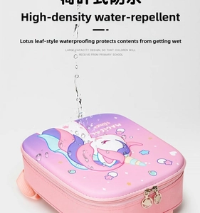 Close-up showing water-resistant surface and cute unicorn print on kids backpack