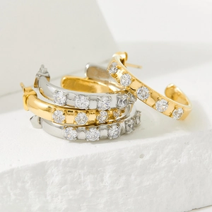 Minimalist C-shaped stainless steel hoop earrings with sparkling clear zircon inlay
