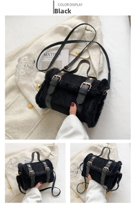 Detail of black faux fur cylindrical bag featuring metal buckle straps and leather trim