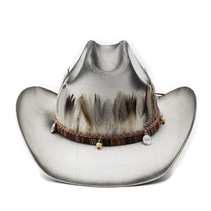 Western straw cowboy hat with metallic silver gradient finish and feather beaded band