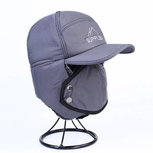 Deep grey winter trapper hat with fleece lining and integrated face mask for wind protection