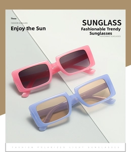 Detail view of pink and purple rectangle sunglasses showing temples and polarized lenses