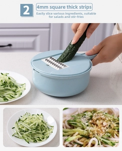 Detail of 4mm vegetable slicer shredding cucumber into thick square strips