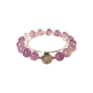 Feminine amethyst bead bracelet with silver centerpiece and white gemstone accent