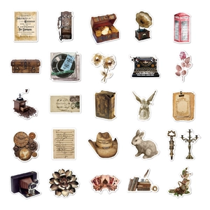 Flat lay of vintage coffee and steampunk stickers for luggage and scrapbooking decor