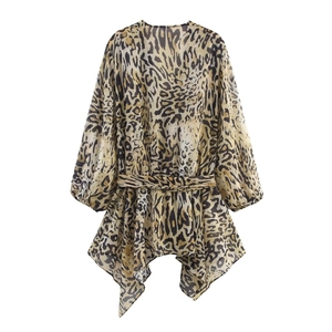 Women deep V-neck leopard print long sleeve top with irregular hem and waist tie
