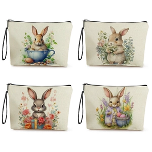 Cosmetic Bag Linen Easter Rabbit Print Toiletry Pouch With Zipper And Hand Strap Multi Functional Makeup Storage Case