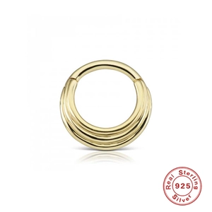 Detailed view of triple layered 925 sterling silver gold plated piercing nose ring hoop