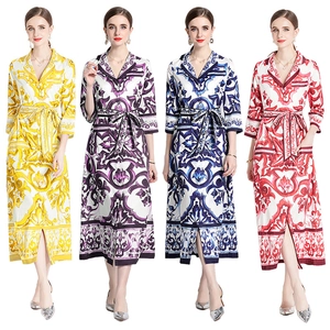 Women Maxi Shirt Dress Polyester Baroque Floral Print Lapel Collar Single Breasted Belted Elegant Casual Long Dress