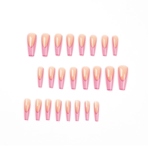 Pink French long ballet style press-on nail set with high-gloss finish on white background