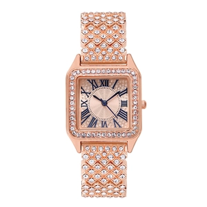 Elegant rose gold square quartz watch for women with full diamond crystals and Roman numerals