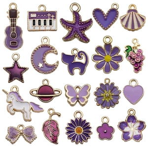 Purple Enamel Charms Pendants DIY Jewelry Making Alloy Cartoon Heart Star Flower Musical Instrument Animal Craft