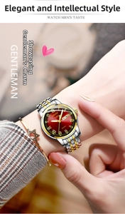 Detail of elegant ladies' gold and silver watch with a burgundy dial on a woman's wrist