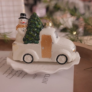 Creamy white vintage truck ornament with Christmas tree and snowman for holiday tree decoration