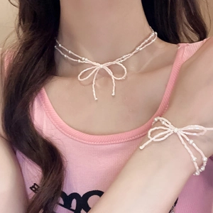 Collier À Künstliche Perles Nœud Rose Double Couche Acrylique Imitation Künstliche Perle Chaîne De Clavicule Bijoux Doux Pour Femmes