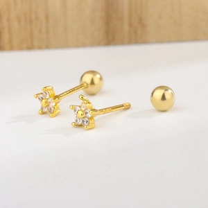 Boucles d'oreilles fleurs avec zircons et fermoir à vis, finition plaquée or 18 carats