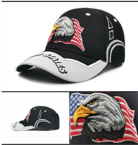 Detailed embroidery of an eagle and US flag on a black and white baseball cap