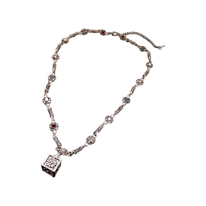Vintage silver flower necklace with hollow cube pendant and colorful cubic zirconia