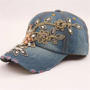 Denim baseball cap with gold floral embroidery and rhinestones for women outdoor wear