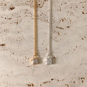 Minimalist 925 sterling silver necklaces with square zircon pendants in gold and silver