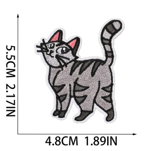 Cute gray cat embroidery patch with dimensions 5.5x4.8cm on a white background