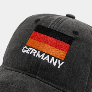 Close-up of German flag embroidery and Germany text on grey cotton baseball cap