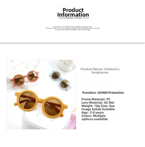 Infographic showing kids UV400 round sunglasses features in yellow, orange, and blue