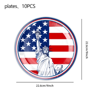 Detail of 9-inch disposable paper plates featuring US flag and Statue of Liberty design
