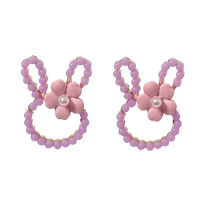 Cute purple beaded bunny stud earrings with pink flower and white pearl detail
