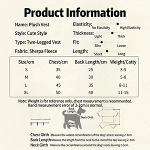 Size chart for cute fleece pet clothes for dogs and cats with detailed measurements