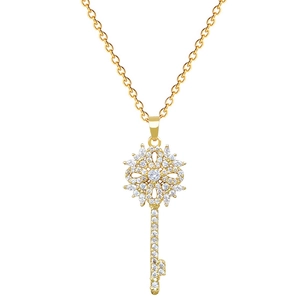 Elegant gold hollow flower key pendant necklace with sparkling rhinestones in titanium steel