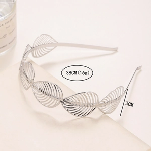 Silver leaf headband dimensions showing 38cm length and 3cm width on a neutral background