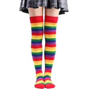 Rainbow striped over-knee high socks for cosplay, colorful knitted stockings for women