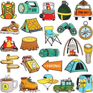 Outdoor camping embroidery patches set featuring hiking boots, tents and forest designs