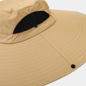 Wide brim khaki outdoor sun hat with breathable mesh side panels and reinforced stitching