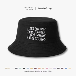 Cotton Bucket Hat With Embroidery I Love My Body I Am Enough Lettering Wide Brim Sun Protection Casual Fashion