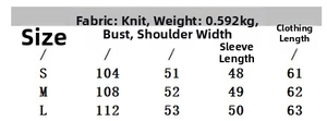 Size chart for women's knit sweater detailing chest, shoulder, sleeve and length measurements