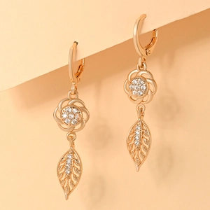 Elegant gold-plated flower earrings with hollow leaf design and sparkling cubic zirconia
