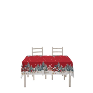 Red Christmas tablecloth with snowmen and tree patterns for holiday dining decor