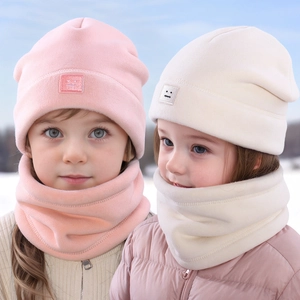 Winter kids fleece hat and scarf set with iconic smiley patch in pink and beige