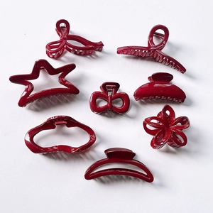 Set of 8 vintage burgundy red hair claws in diverse geometric and floral shapes