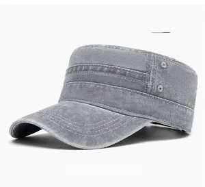 Detail view of light gray washed cotton cadet cap with side metal buckle and stitching