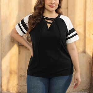 Plus Size T-Shirt Women V Neck Crisscross Lace Up Color Block Striped Raglan Short Sleeve Polyester Rayon Casual Top